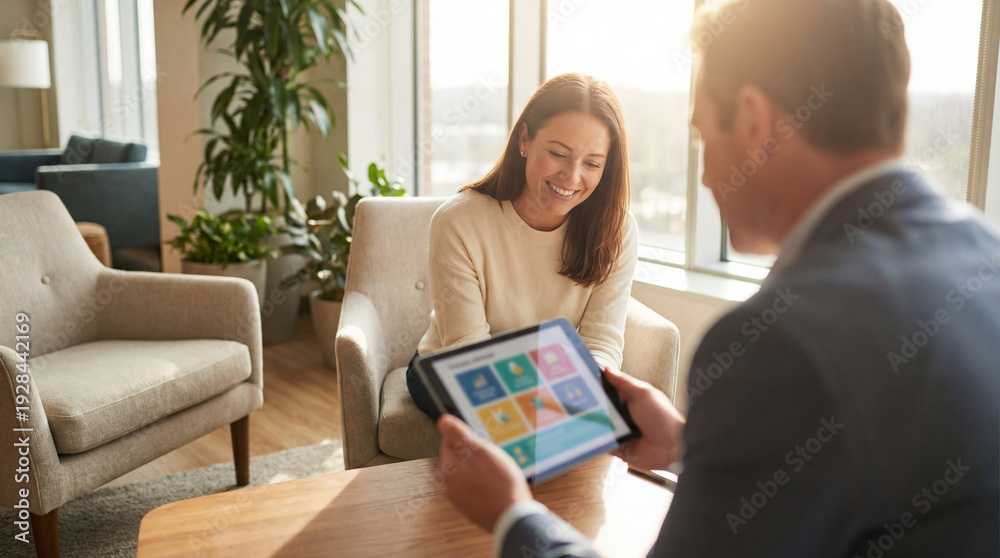 Advisor meeting with client, reviewing a tablet